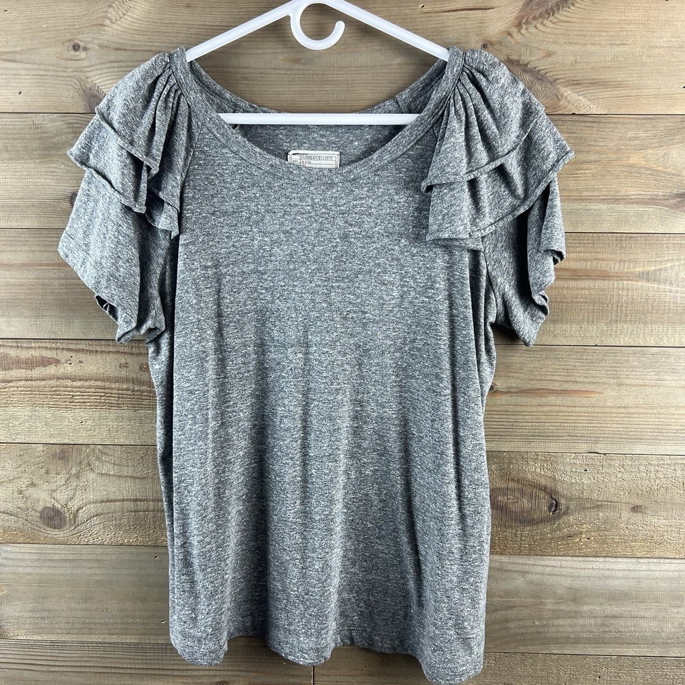 Current Elliott Womens Shirt Short Ruffle Sleeve Tee Heathered Size‎ 3 Large